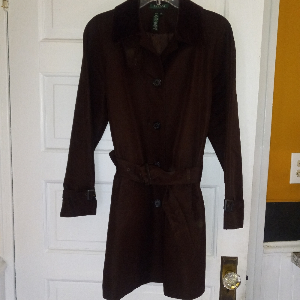 New LAUREN belted Dark Chocolate Brown Trench Coat Petite L
